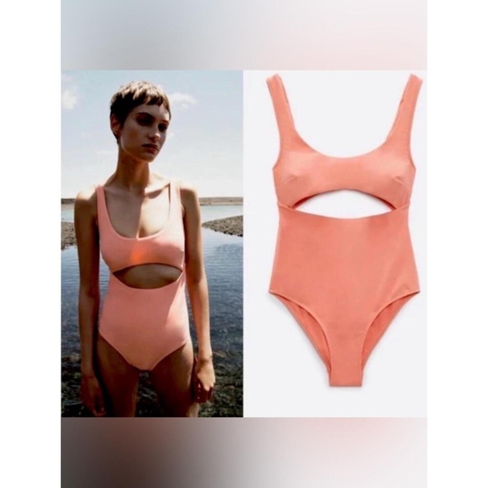 Zara Women Coral Peach Cutout One Piece Swimsuit Size M 1507/062